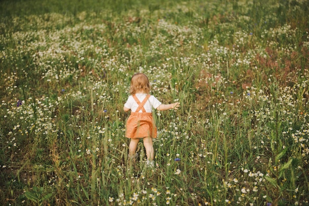 Menina está de costas em um campo de margaridas.