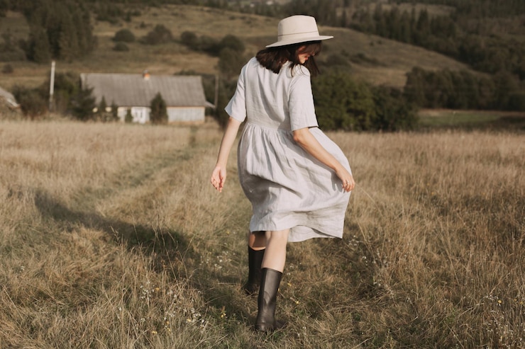 Foto menina estilosa com vestido de linho e chapéu correndo na grama do campo ensolarado na vila nas montanhas boho mulher relaxando no campo vida rústica simples imagem atmosférica espaço texto