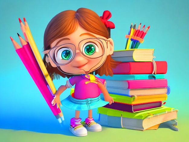 Foto menina estudante bonita com livro e lápis desenho animado de estilo 3d imagem grátis download