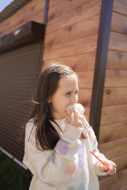Menina europeia comendo algodão doce no parque