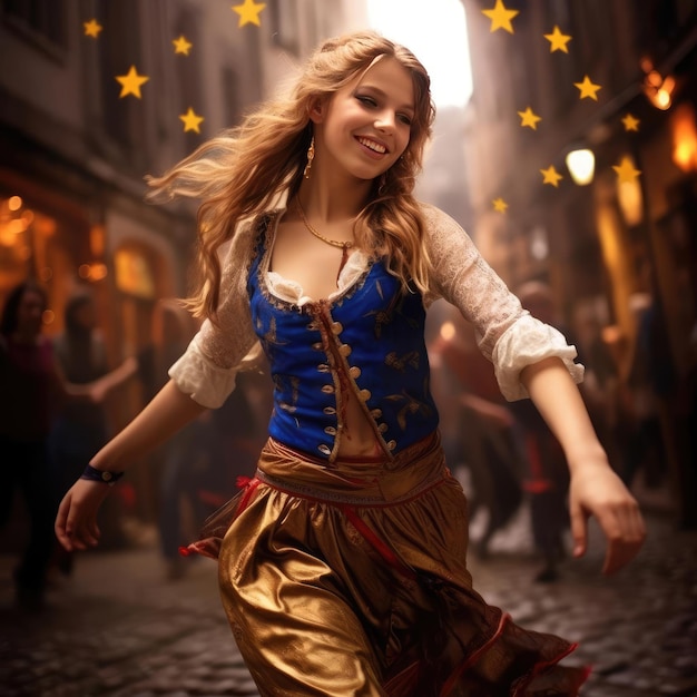 menina europeia dançando dança nacional em roupas europeias