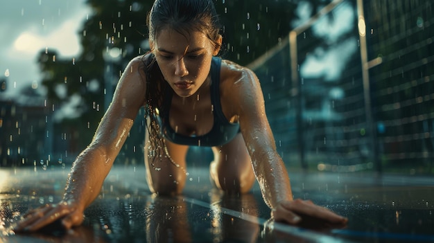 Foto menina fazendo exercícios de fitness de alpinista de montanha ela está fazendo um treino em uma quadra de basquete ao ar livre cercada depois da chuva em um bairro residencial