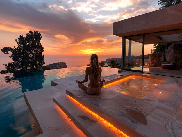 Menina fazendo ioga em postura de lótus à beira da piscina ao pôr do sol