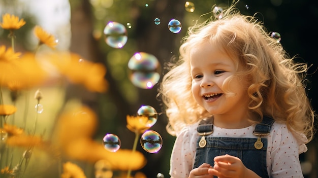 menina feliz a brincar com bolhas de sabão