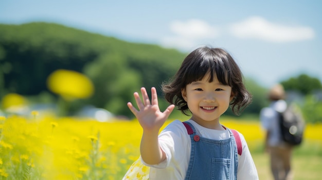 Menina feliz acenando com a mão no campo