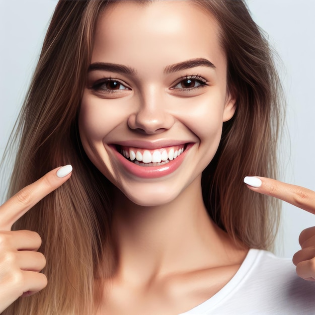 menina feliz apontando dedos para o branco sorriso perfeito reto dentes brancos