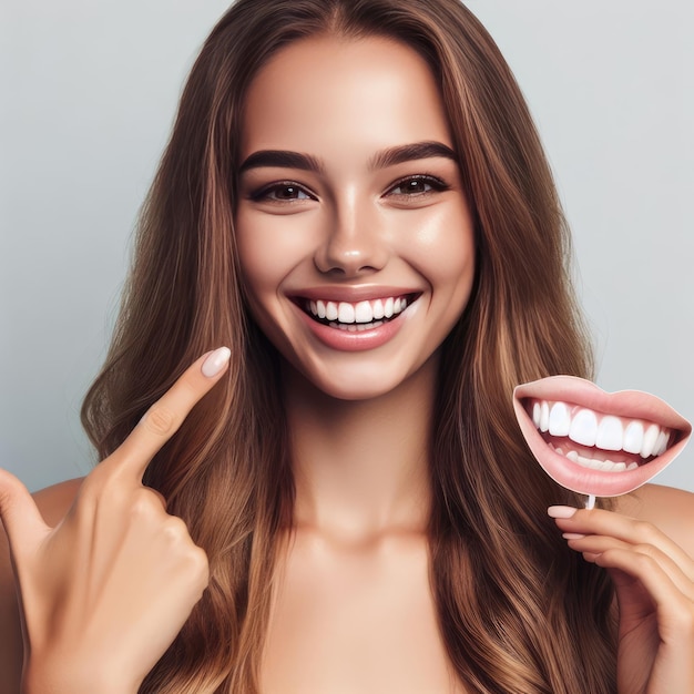 menina feliz apontando dedos para o branco sorriso perfeito reto dentes brancos