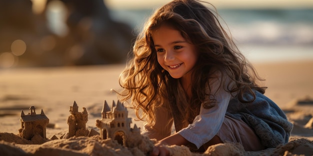 Menina feliz brincando à beira-mar Foto de alta qualidade IA generativa