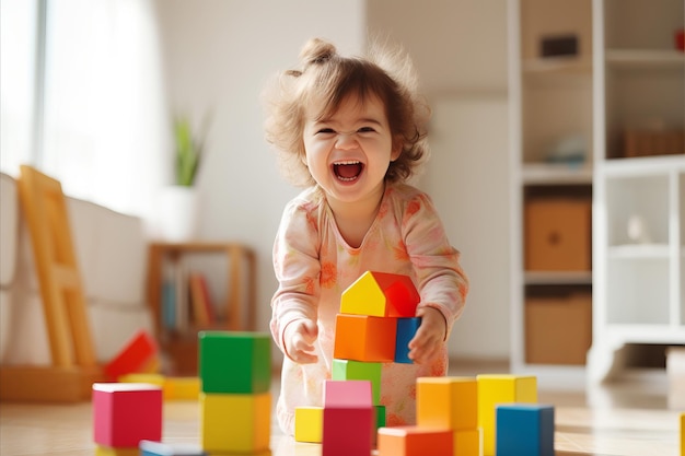 Menina feliz brincando com cubos coloridos em casa