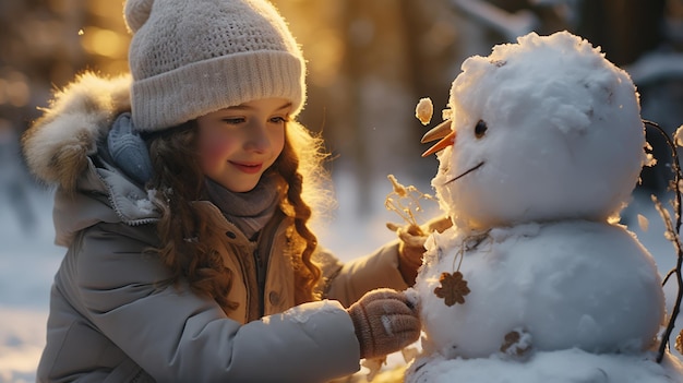 Foto menina feliz brincando com um boneco de neve em uma caminhada de inverno na neve