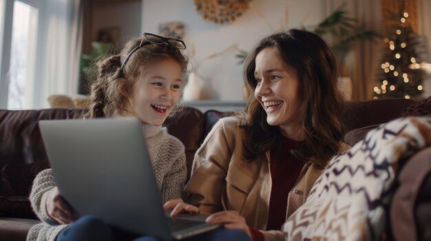 Menina feliz com a mãe usando laptop para chamada de vídeo na sala de estar em casa