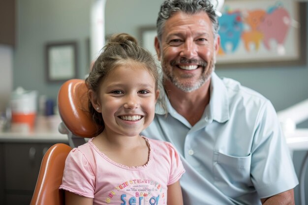 Foto menina feliz com o dentista depois do exame na clínica