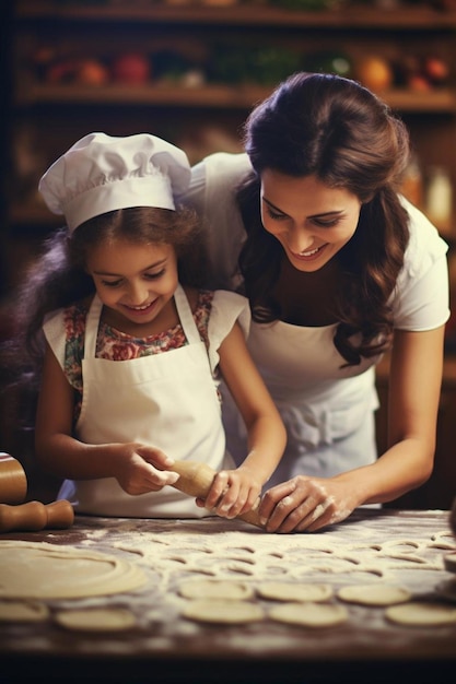 menina feliz com sua mãe fazendo massa mãe e filha assando na cozinha