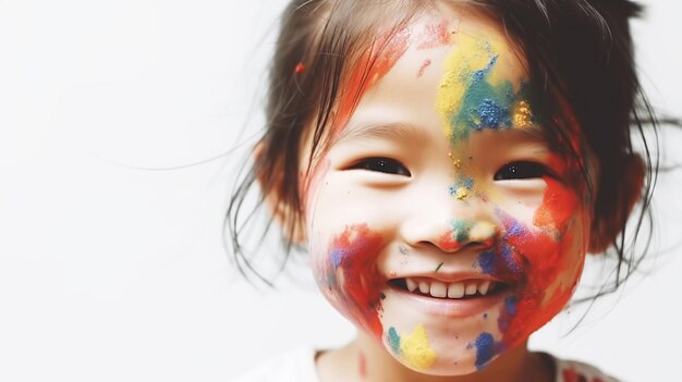 Foto menina feliz com tinta colorida no rosto generativa ai