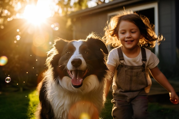 Menina feliz com tranças deliciosamente perseguindo bolhas com seu energético border collie