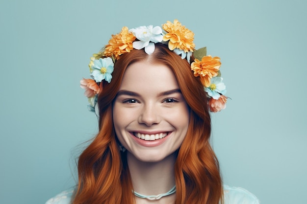 Menina feliz com um arco-íris acima de sua cabeça contra o fundo de nuvens e céu azul