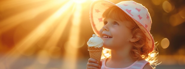 menina feliz comendo sorvete na natureza