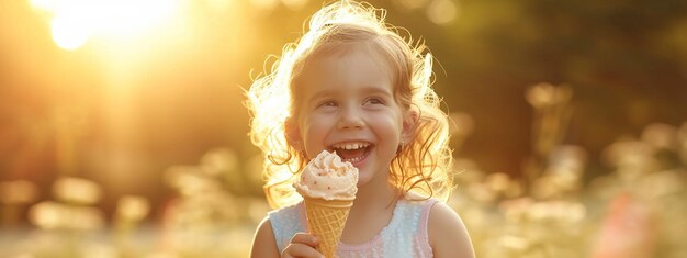 menina feliz comendo sorvete na natureza