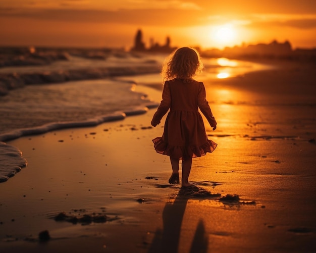 Menina feliz da IA generativa de volta admirando o pôr do sol na praia