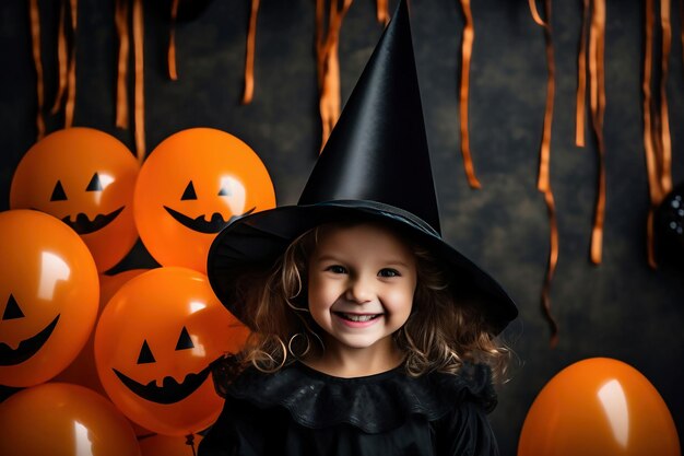 Menina feliz e alegre vestida de bruxa ou feiticeira malvada em maquiagem está se divertindo na celebração do Halloween Fantasia festiva Jack lanterna