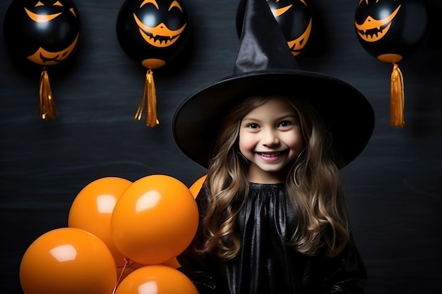 Menina feliz e alegre vestida de bruxa ou feiticeira malvada em maquiagem está se divertindo na celebração do Halloween fantasia festiva