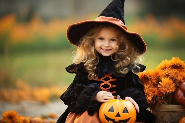 Menina feliz e alegre vestida de bruxa ou feiticeira malvada em maquiagem está se divertindo na celebração do Halloween Traje festivo Jack lanterna