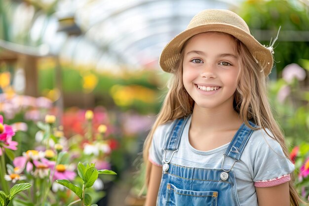 Menina feliz em macacão e chapéu fazendo jardinagem em um jardim gerado por IA