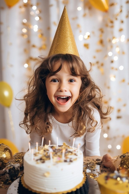 Menina feliz em sua festa de aniversário com bolo e balões dourados