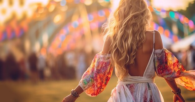 Menina feliz em trajes boêmios festeje em um festival de música ou outra celebração hippie Uma jovem dança ao som do conceito boho de férias de verão