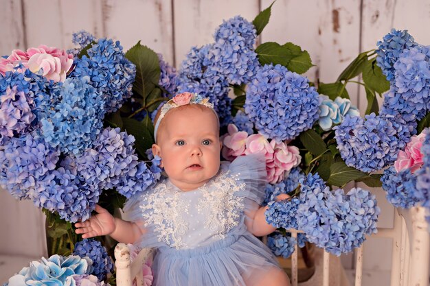 Menina feliz em um vestido com flores de hortênsia rosa e azul