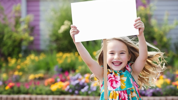 Menina feliz segurando um cartaz em branco