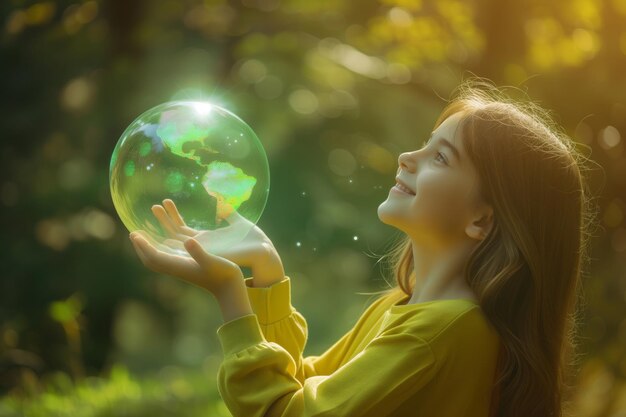 Menina feliz segurando um holograma mundial em fundo de natureza Energia renovável Dia da Terra Salve o mundo