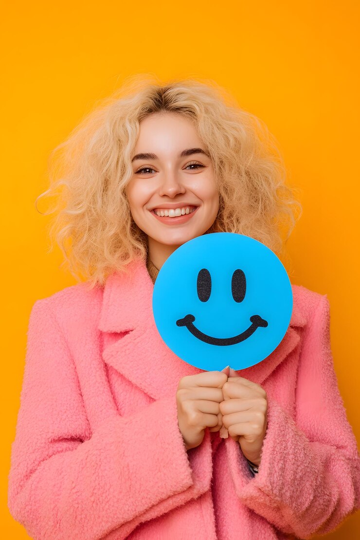 Foto menina feliz segurando um pedaço de papel com emoji azul isolado em fundo laranja blue monday concep