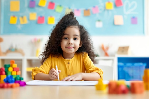 Foto menina feliz sentada em uma mesa e desenhando conceito de criatividade e desenvolvimento infantil