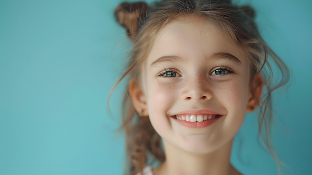 Menina feliz sorrindo contra um fundo azul retrato de alegria e inocência ideal para conteúdo familiar e publicidade AI