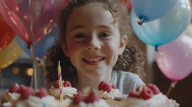 Menina feliz sorrindo em uma festa de aniversário com bolo e balões celebração infantil expressão alegre em um ambiente festivo AI