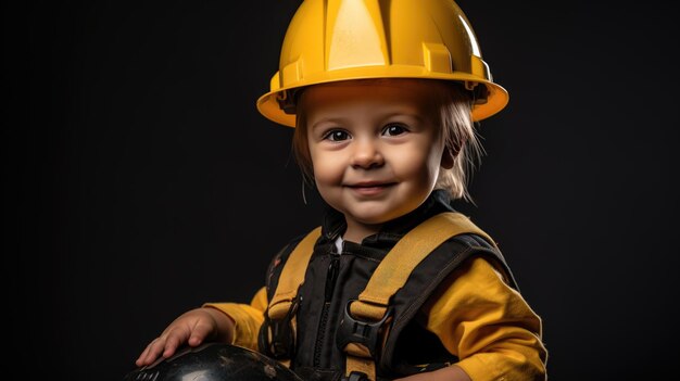 Menina feliz usando capacete ou chapéu imitar construtor ou engenheiro