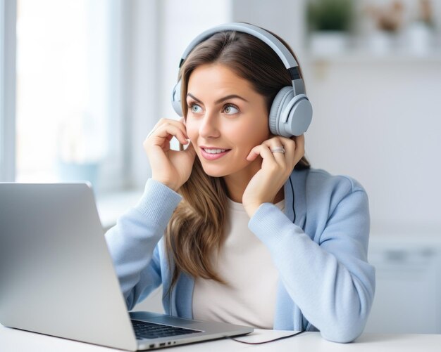 Menina feliz usando fones de ouvido ouvindo música no laptop sentada na sala de estar