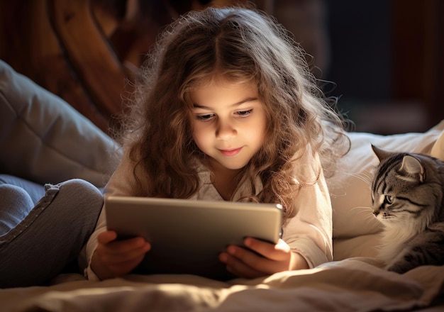 Foto menina feliz vendo desenhos animados em um dispositivo eletrônico gerador de ia