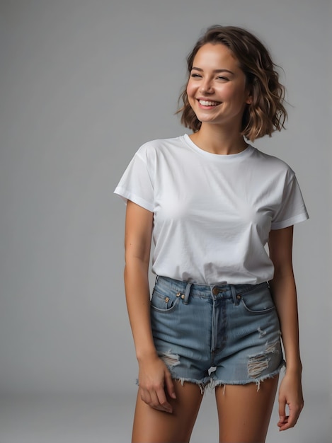 Foto menina feliz vestindo t-shirt branca e calças de ganga azuis t-shirt branco em branco mockup design