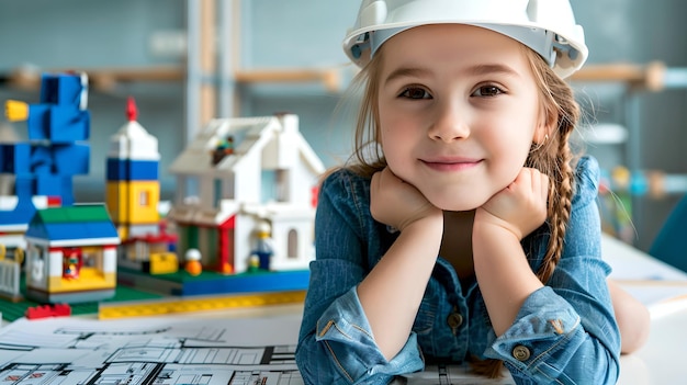 Foto menina fingindo ser arquiteta criança sorridente com um capacete tempo de brincadeira criativo em um canteiro de obras brinquedos educacionais para crianças inspirando futuras carreiras ia