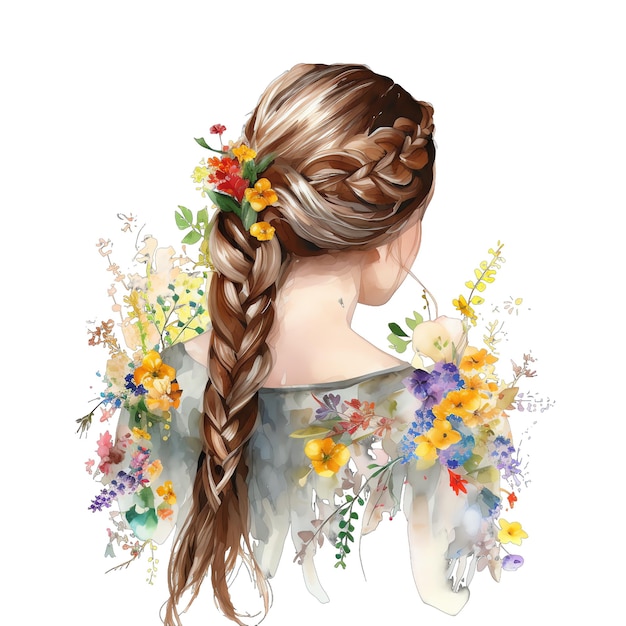 Menina floral da primavera com trança vista traseira ilustração em aquarela clipart de primavera