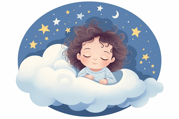 Menina fofa dormindo em uma nuvem ilustração