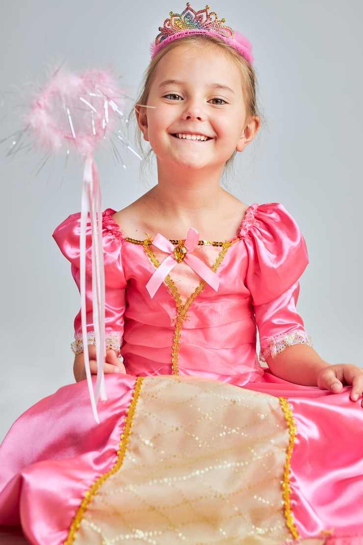 Foto menina gostando de seu papel de princesa adorável bonita menina de 5-6 anos vestindo vestido de princesa