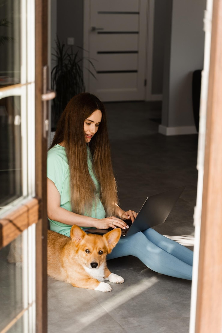Foto menina grávida com laptop e cachorro corgi sentado no chão e conversando online com amigos gravidez de estilo de vida com welsh corgi pembroke