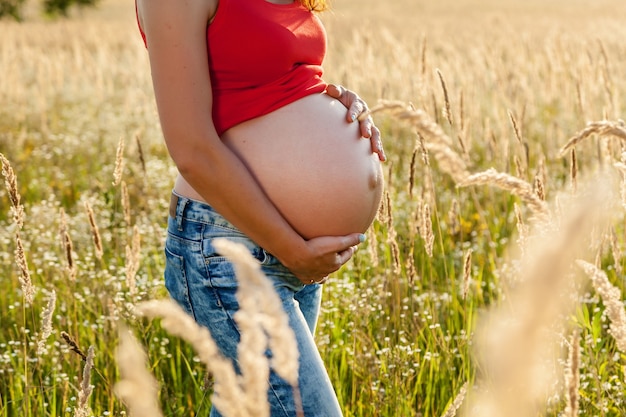 Menina grávida na natureza. sessão de fotos de uma menina grávida vestindo uma camiseta vermelha e jintada em um campo ao pôr do sol