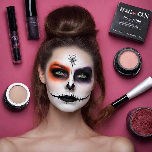 Menina halloween Skellington inspirou produtos cosméticos de maquiagem pincéis produtos fx especiais teia de aranha