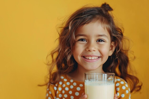 Menina hispânica feliz com um copo de leite isolado em fundo amarelo
