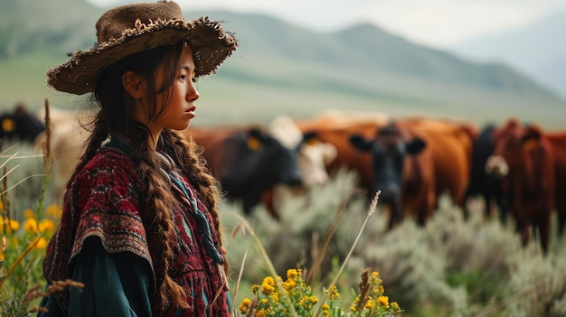 Foto menina inca trabalhando cuidando de vacas