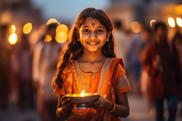 Menina indiana arranjando Diyas durante o festival de Diwali